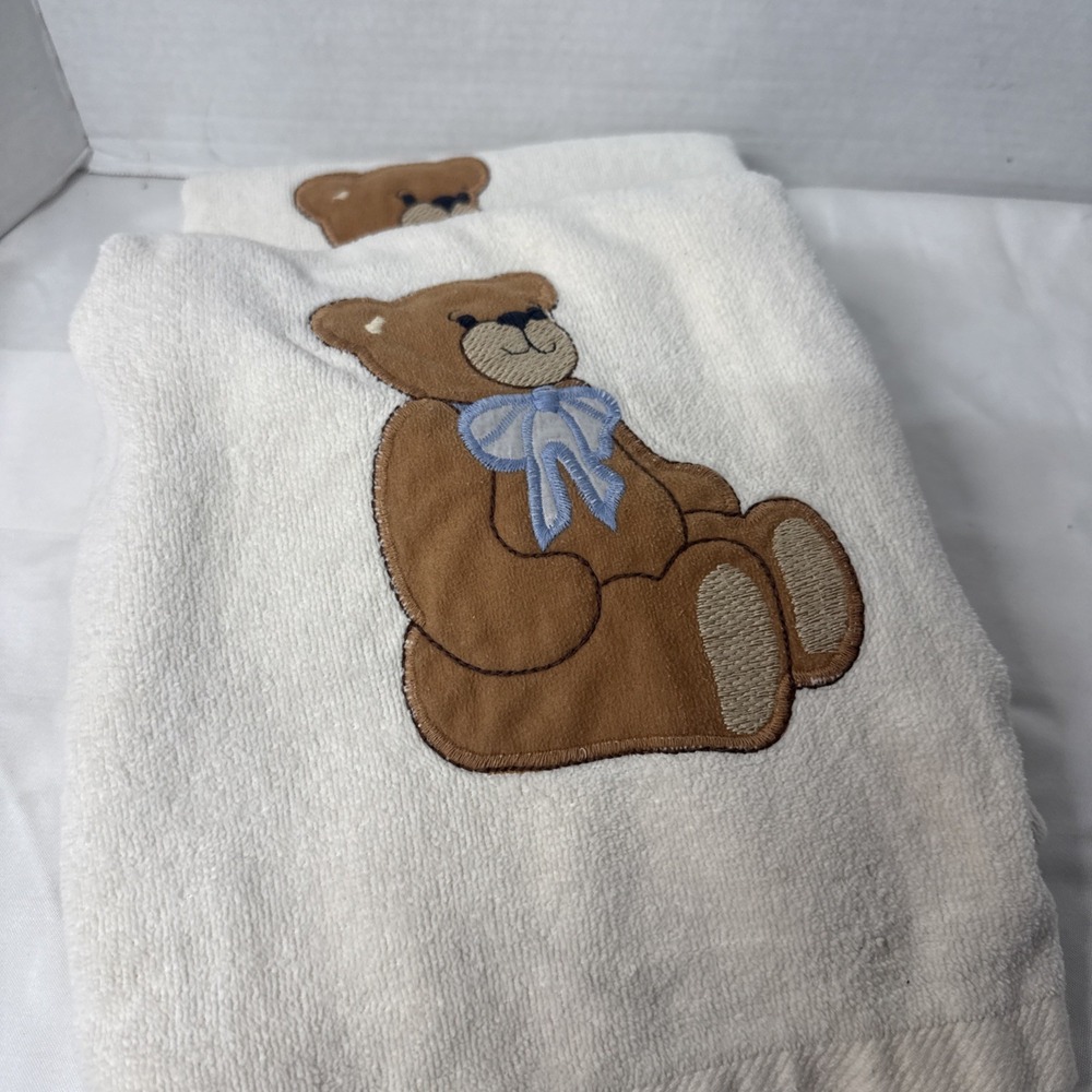 Vintage R.A Briggs Brown Teddy Bear Bow Bath Towel Set 2 Cream EUC
